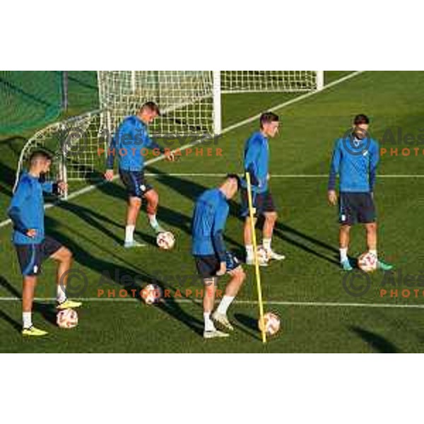 Miha Mevlja, Domen Crnigoj and Petar Stojanovic of Slovenia during the practice session of Slovenia National football team in NNC Brdo, Slovenia on September 19, 2022