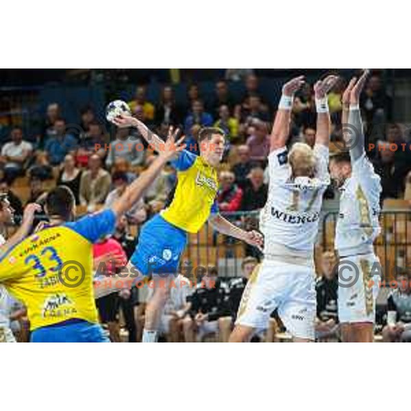 Tadej Mazej in action during EHF Champions League handball match between Celje Pivovarna Lasko and THW Kiel in Zlatorog Arena, Celje, Slovenia on September 21, 2022