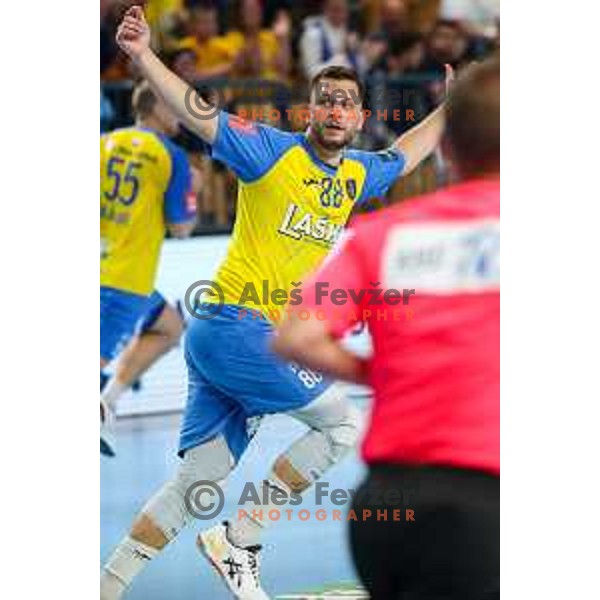Aleks Vlah in action during EHF Champions League handball match between Celje Pivovarna Lasko and THW Kiel in Zlatorog Arena, Celje, Slovenia on September 21, 2022