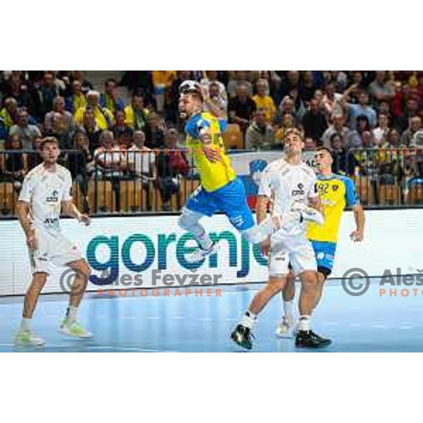 Aleks Vlah in action during EHF Champions League handball match between Celje Pivovarna Lasko and THW Kiel in Zlatorog Arena, Celje, Slovenia on September 21, 2022
