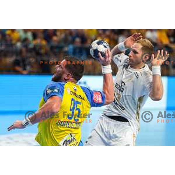 Matic Suholeznik in action during EHF Champions League handball match between Celje Pivovarna Lasko and THW Kiel in Zlatorog Arena, Celje, Slovenia on September 21, 2022