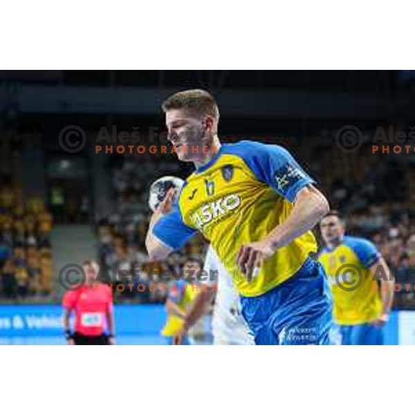 Tadej Mazej in action during EHF Champions League handball match between Celje Pivovarna Lasko and THW Kiel in Zlatorog Arena, Celje, Slovenia on September 21, 2022