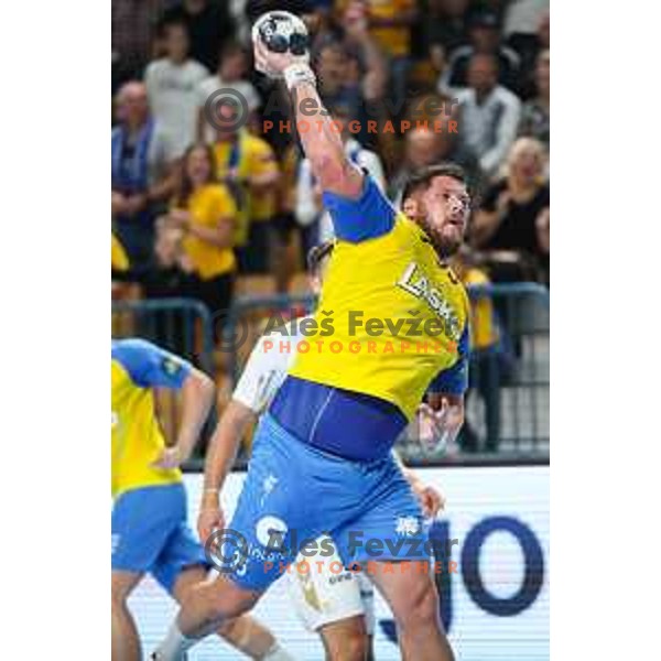 Matic Suholeznik in action during EHF Champions League handball match between Celje Pivovarna Lasko and THW Kiel in Zlatorog Arena, Celje, Slovenia on September 21, 2022