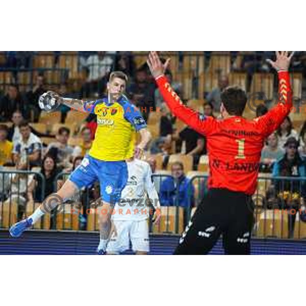 Tadej Mazej in action during EHF Champions League handball match between Celje Pivovarna Lasko and THW Kiel in Zlatorog Arena, Celje, Slovenia on September 21, 2022