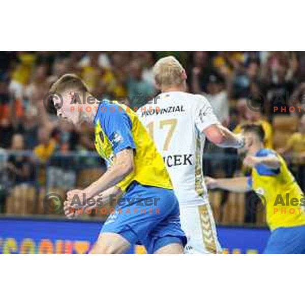 Tadej Mazej in action during EHF Champions League handball match between Celje Pivovarna Lasko and THW Kiel in Zlatorog Arena, Celje, Slovenia on September 21, 2022