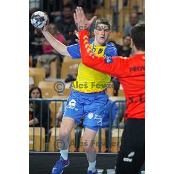 Tadej Mazej in action during EHF Champions League handball match between Celje Pivovarna Lasko and THW Kiel in Zlatorog Arena, Celje, Slovenia on September 21, 2022