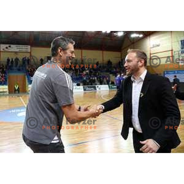 Jurica Golemac and Dejan Jakara in action during the Slovenian basketball SuperCup match between Cedevita Olimpija and Helios Suns in Skofja Loka on September 23, 2022