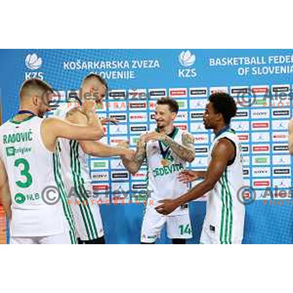 Rok Radovic, Alen Omic, Josh Adams and Yogi Ferrell celebrate victory in the Slovenian basketball SuperCup match between Cedevita Olimpija and Helios Suns in Skofja Loka on September 23, 2022
