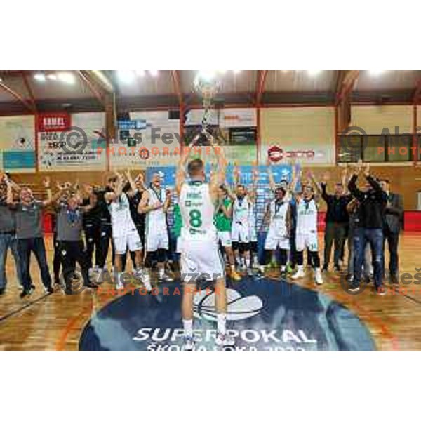 Edo Muric and the team of Cedevita Olimpija, winners of the Slovenian basketball SuperCup match between Cedevita Olimpija and Helios Suns in Skofja Loka on September 23, 2022 