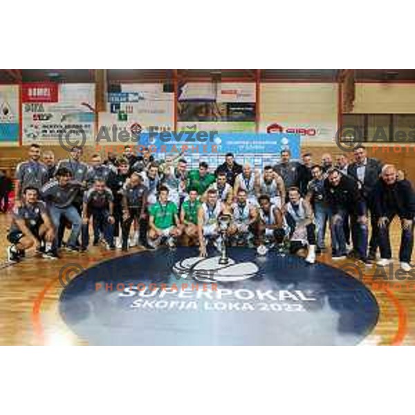 Edo Muric and the team of Cedevita Olimpija, winners of the Slovenian basketball SuperCup match between Cedevita Olimpija and Helios Suns in Skofja Loka on September 23, 2022 
