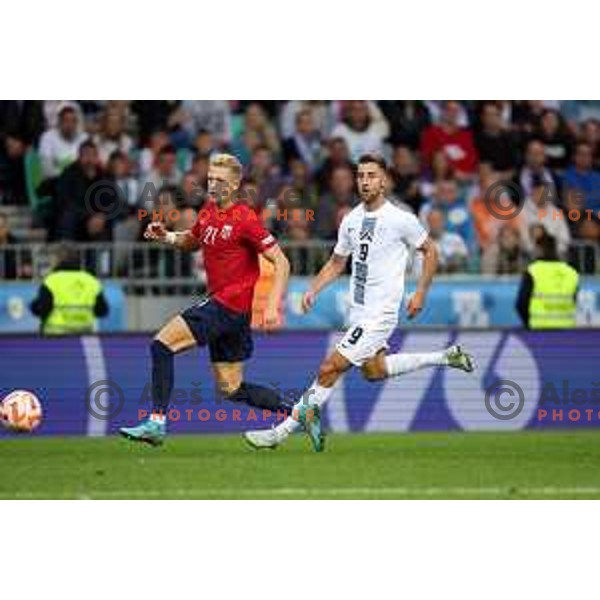 Andraz Sporar in action during the UEFA Nations League match between Slovenia and Norway in Stozice, Ljubljana, Slovenia on September 24, 2022