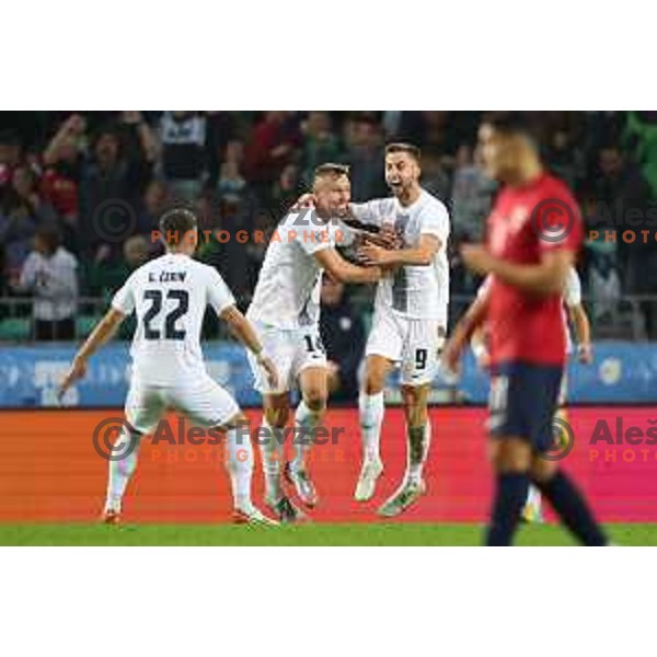 Jasmin Kurtic and Andraz Sporar celebrate goal during UEFA Nations League match between Slovenia and Norway in Stozice, Ljubljana, Slovenia on September 24, 2022