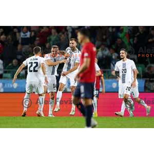 Jasmin Kurtic and Andraz Sporar celebrate goal during UEFA Nations League match between Slovenia and Norway in Stozice, Ljubljana, Slovenia on September 24, 2022