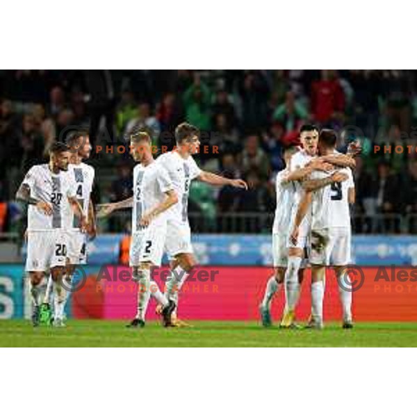 Benjamin Sesko and Andraz Sporar celebrate goal during UEFA Nations League match between Slovenia and Norway in Stozice, Ljubljana, Slovenia on September 24, 2022