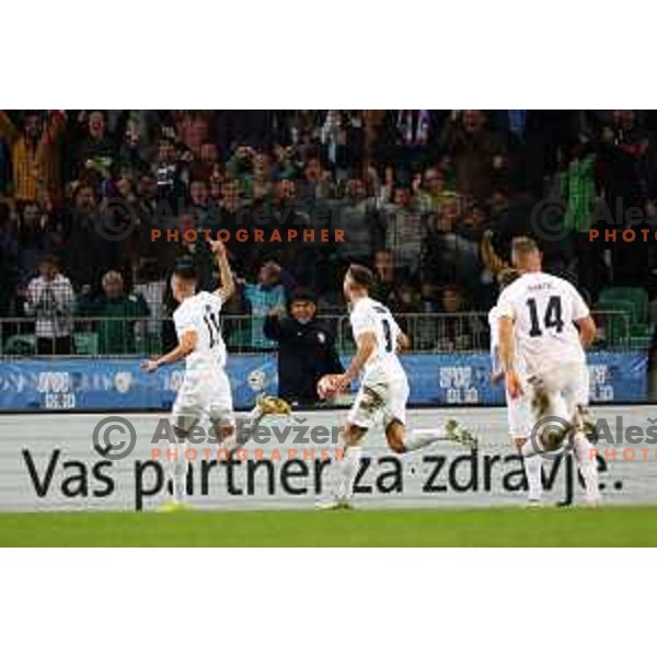 Benjamin Sesko and Andraz Sporar celebrate goal during UEFA Nations League match between Slovenia and Norway in Stozice, Ljubljana, Slovenia on September 24, 2022