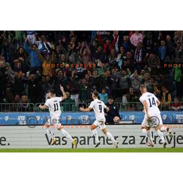 Benjamin Sesko and Andraz Sporar celebrate goal during UEFA Nations League match between Slovenia and Norway in Stozice, Ljubljana, Slovenia on September 24, 2022