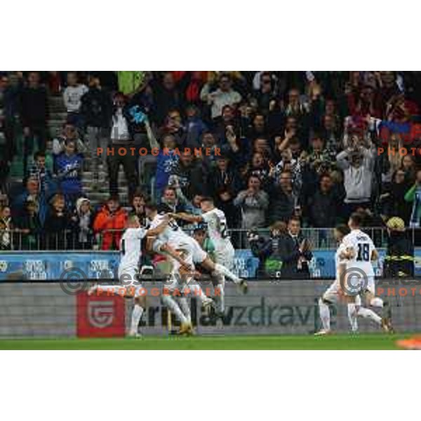 Benjamin Sesko and Andraz Sporar celebrate goal during UEFA Nations League match between Slovenia and Norway in Stozice, Ljubljana, Slovenia on September 24, 2022