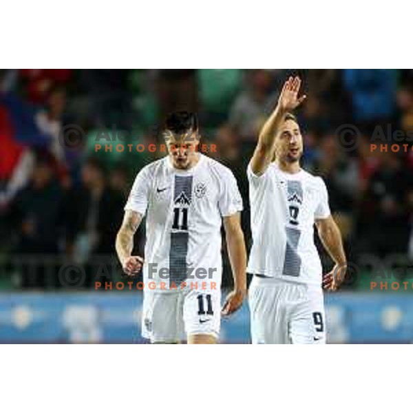 Benjamin Sesko and Andraz Sporar celebrate goal during UEFA Nations League match between Slovenia and Norway in Stozice, Ljubljana, Slovenia on September 24, 2022