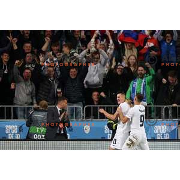 Benjamin Sesko and Andraz Sporar celebrate goal during UEFA Nations League match between Slovenia and Norway in Stozice, Ljubljana, Slovenia on September 24, 2022