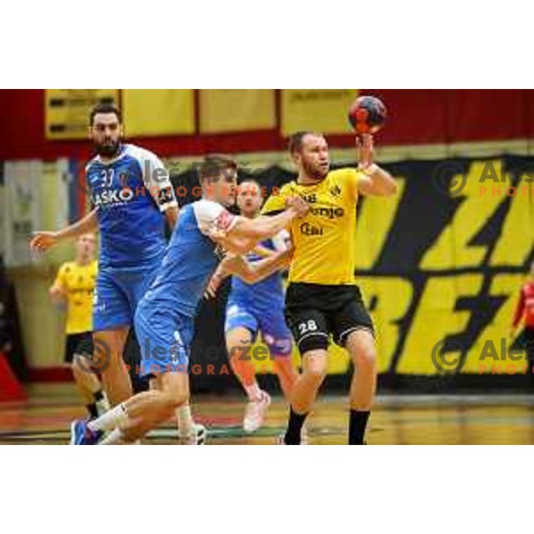 Timotej Grmsek in action during 1.NLB league handball match between Gorenje Velenje and Celje Pivovarna Lasko in Velenje, Slovenia on September 25, 2022