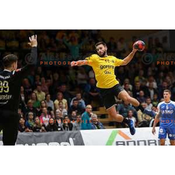Kenan Pajt in action during 1.NLB league handball match between Gorenje Velenje and Celje Pivovarna Lasko in Velenje, Slovenia on September 25, 2022