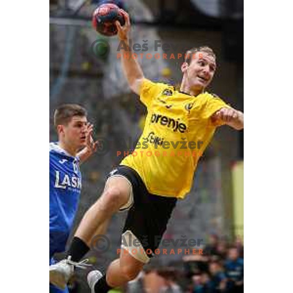 Domen Tajnik in action during 1.NLB league handball match between Gorenje Velenje and Celje Pivovarna Lasko in Velenje, Slovenia on September 25, 2022