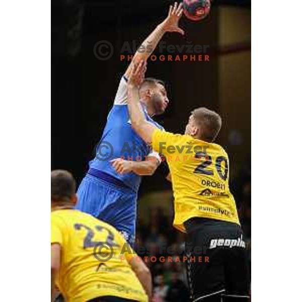 Aleks Vlah in action during 1.NLB league handball match between Gorenje Velenje and Celje Pivovarna Lasko in Velenje, Slovenia on September 25, 2022