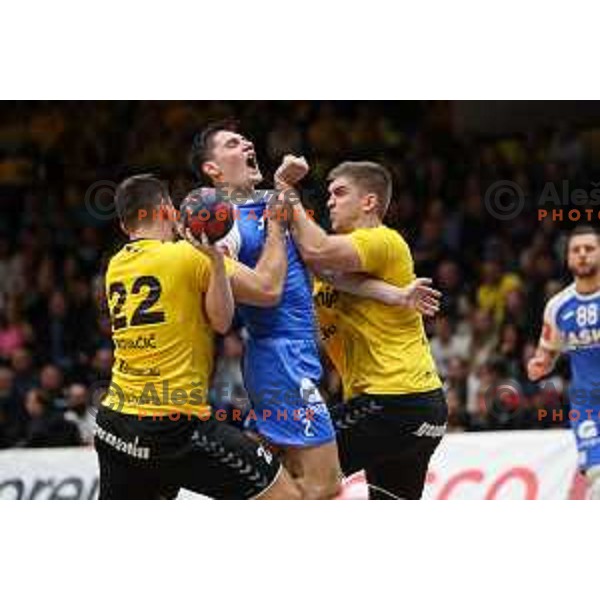 Tilen Strmljan in action during 1.NLB league handball match between Gorenje Velenje and Celje Pivovarna Lasko in Velenje, Slovenia on September 25, 2022