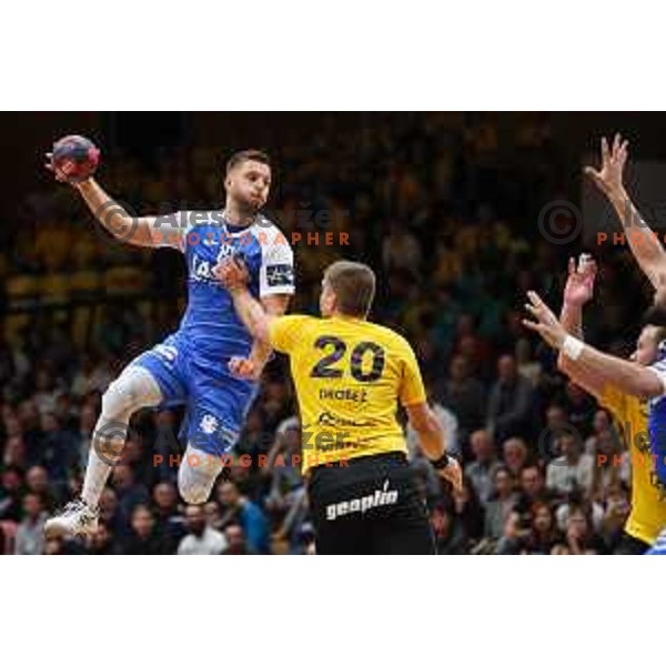 Aleks Vlah in action during 1.NLB league handball match between Gorenje Velenje and Celje Pivovarna Lasko in Velenje, Slovenia on September 25, 2022