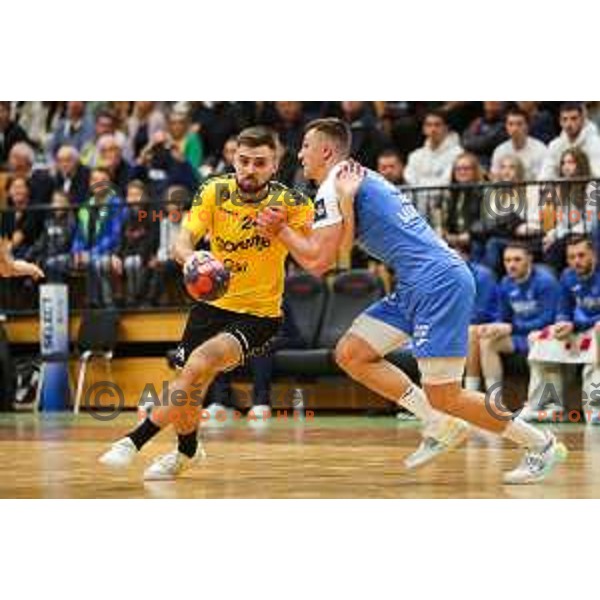 Tilen Sokolic in action during 1.NLB league handball match between Gorenje Velenje and Celje Pivovarna Lasko in Velenje, Slovenia on September 25, 2022