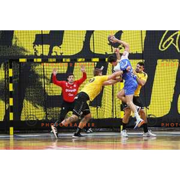 in action during 1.NLB league handball match between Gorenje Velenje and Celje Pivovarna Lasko in Velenje, Slovenia on September 25, 2022