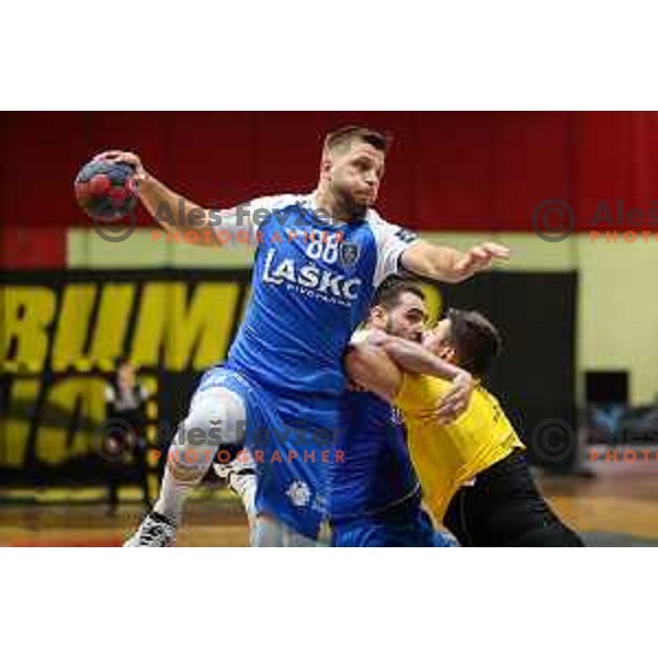 Aleks Vlah in action during 1.NLB league handball match between Gorenje Velenje and Celje Pivovarna Lasko in Velenje, Slovenia on September 25, 2022