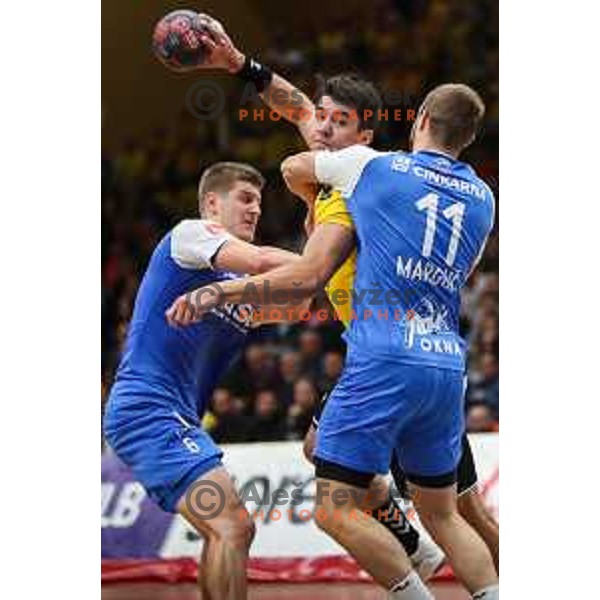 Peter Sisko in action during 1.NLB league handball match between Gorenje Velenje and Celje Pivovarna Lasko in Velenje, Slovenia on September 25, 2022