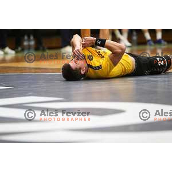 Peter Sisko in action during 1.NLB league handball match between Gorenje Velenje and Celje Pivovarna Lasko in Velenje, Slovenia on September 25, 2022
