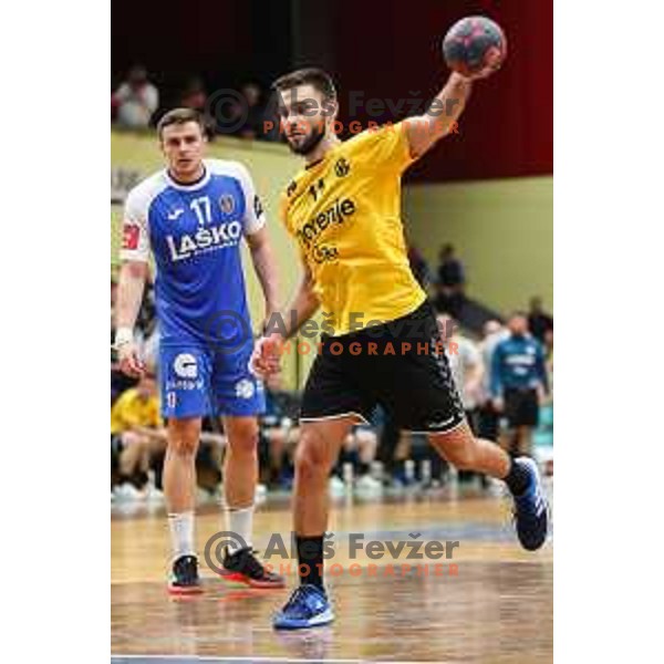 Kenan Pajt in action during 1.NLB league handball match between Gorenje Velenje and Celje Pivovarna Lasko in Velenje, Slovenia on September 25, 2022
