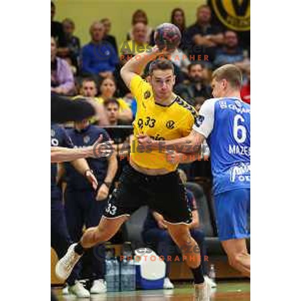 Enej Slatinek Jovicic in action during 1.NLB league handball match between Gorenje Velenje and Celje Pivovarna Lasko in Velenje, Slovenia on September 25, 2022