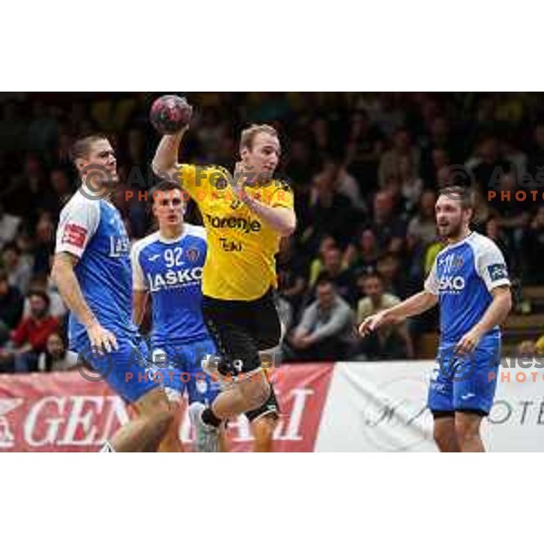 Domen Tajnik in action during 1.NLB league handball match between Gorenje Velenje and Celje Pivovarna Lasko in Velenje, Slovenia on September 25, 2022