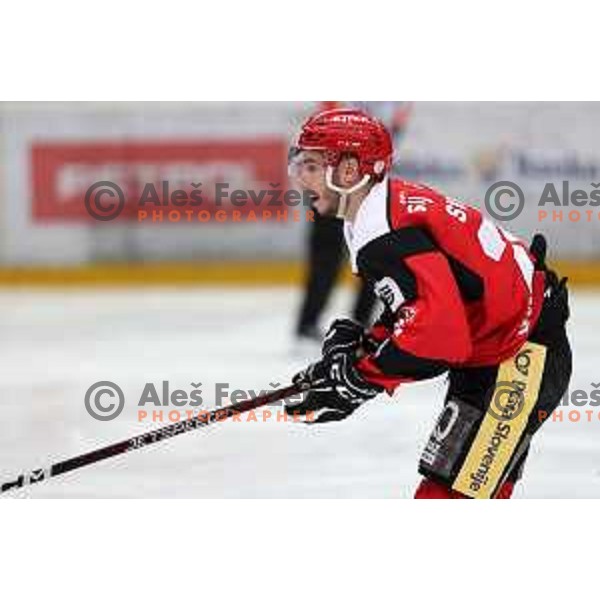 Erik Svetina in action during the Slovenian ice-hockey Cup between SIJ Acroni Jesenice and SZ Olimpija in Podmezakla Hall, Jesenice, Slovenia on September 28, 2022