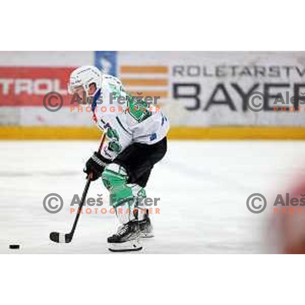 Luka Kalan in action during the Slovenian ice-hockey Cup between SIJ Acroni Jesenice and SZ Olimpija in Podmezakla Hall, Jesenice, Slovenia on September 28, 2022