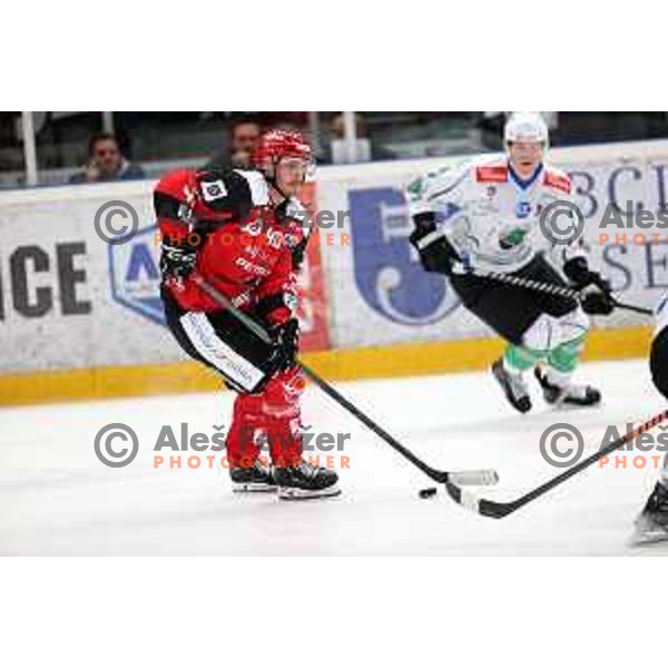Niki Blomberg in action during the Slovenian ice-hockey Cup between SIJ Acroni Jesenice and SZ Olimpija in Podmezakla Hall, Jesenice, Slovenia on September 28, 2022