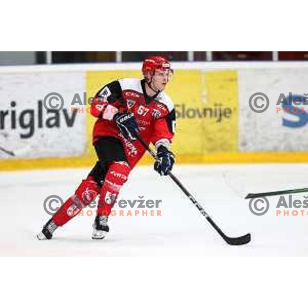 Niki Huovinen in action during the Slovenian ice-hockey Cup between SIJ Acroni Jesenice and SZ Olimpija in Podmezakla Hall, Jesenice, Slovenia on September 28, 2022
