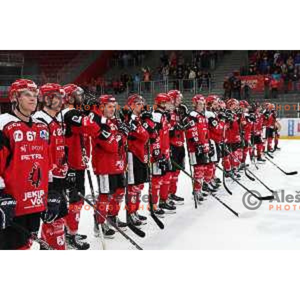 Jesenice players during the Slovenian ice-hockey Cup between SIJ Acroni Jesenice and SZ Olimpija in Podmezakla Hall, Jesenice, Slovenia on September 28, 2022