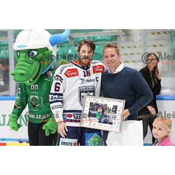 SZ Olimpija retired jersey Nr.16 of his former player Ales Music prior IceHL ice-hockey match between SZ Olimpija (SLO) and Fehervar (HUN) in Tivoli Hall, Ljubljana, Slovenia on October 2, 2022