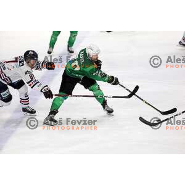 in action during IceHL regular season 2022-2023 ice-hockey match between SZ Olimpija (SLO) and Fehervar (HUN) in Tivoli Hall, Ljubljana, Slovenia on October 2, 2022