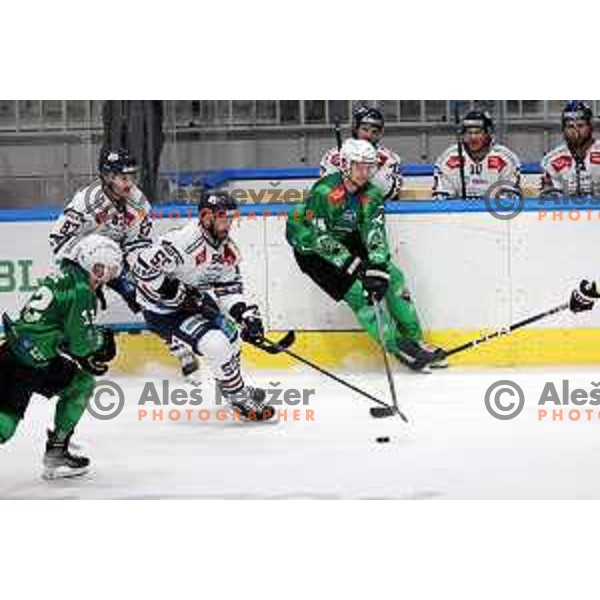 in action during IceHL regular season 2022-2023 ice-hockey match between SZ Olimpija (SLO) and Fehervar (HUN) in Tivoli Hall, Ljubljana, Slovenia on October 2, 2022