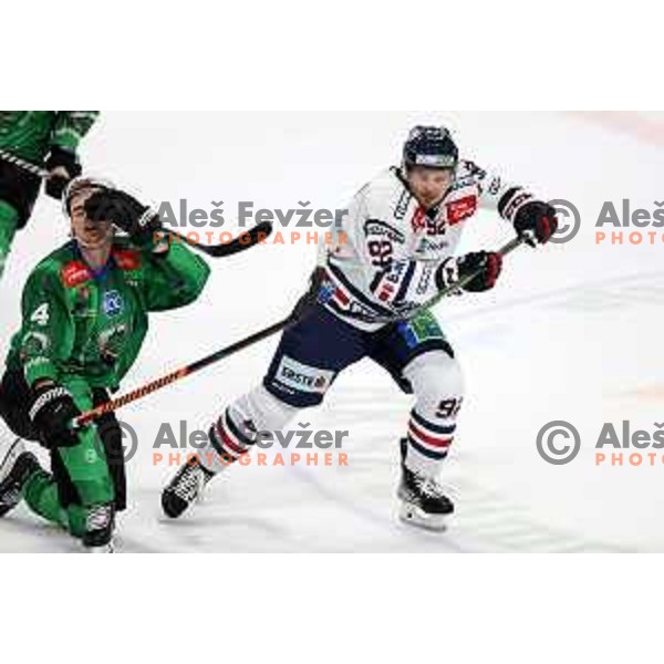 Anze Kuralt in action during IceHL regular season 2022-2023 ice-hockey match between SZ Olimpija (SLO) and Fehervar (HUN) in Tivoli Hall, Ljubljana, Slovenia on October 2, 2022