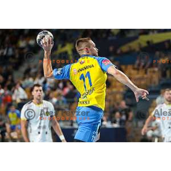 Gal Marguc in action during EHF Champions League handball match between Celje Pivovarna Lasko and HBC Nantes in Zlatorog Arena, Celje, Slovenia on Oktober 5, 2022