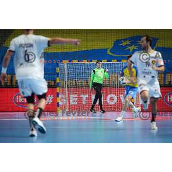 Gal Gabersek in action during EHF Champions League handball match between Celje Pivovarna Lasko and HBC Nantes in Zlatorog Arena, Celje, Slovenia on Oktober 5, 2022