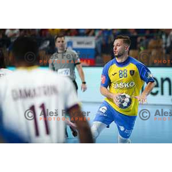 Aleks Vlah in action during EHF Champions League handball match between Celje Pivovarna Lasko and HBC Nantes in Zlatorog Arena, Celje, Slovenia on Oktober 5, 2022