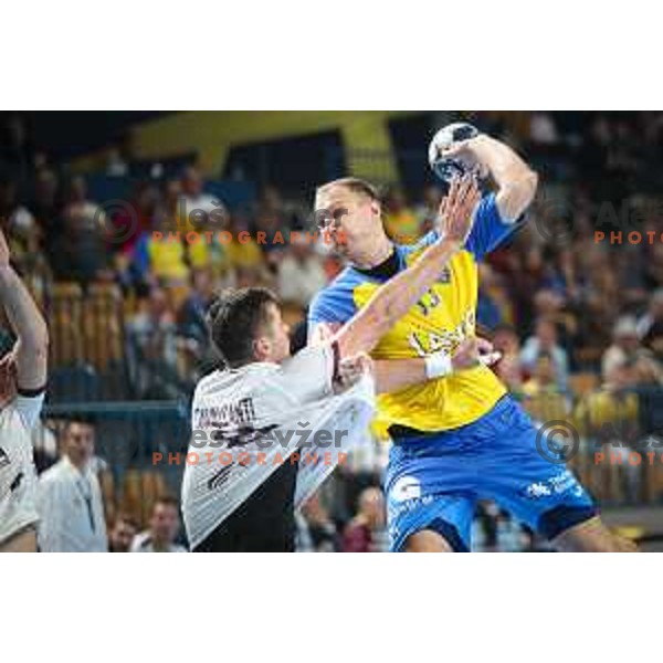 Ziga Mlakar in action during EHF Champions League handball match between Celje Pivovarna Lasko and HBC Nantes in Zlatorog Arena, Celje, Slovenia on Oktober 5, 2022